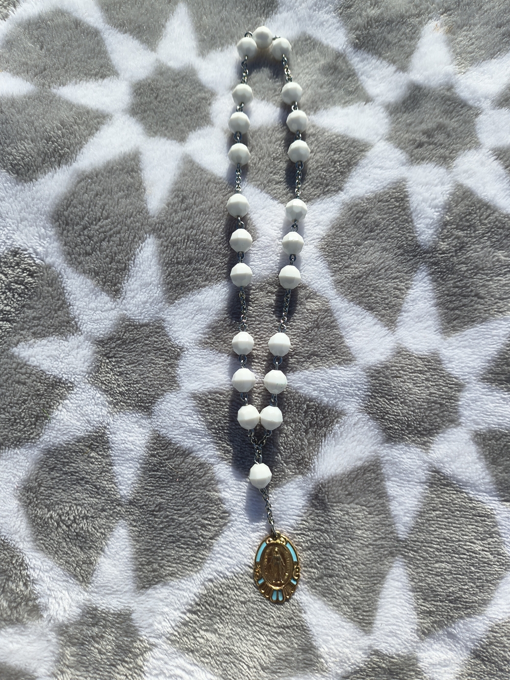 White Bead Rosary Necklace with Gold Medal